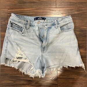 Hollister Women's Distressed Light Blue High Rise Mom Jean Shorts